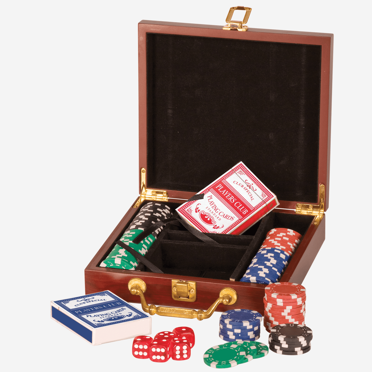 rosewood box with poker chips dice playing cards