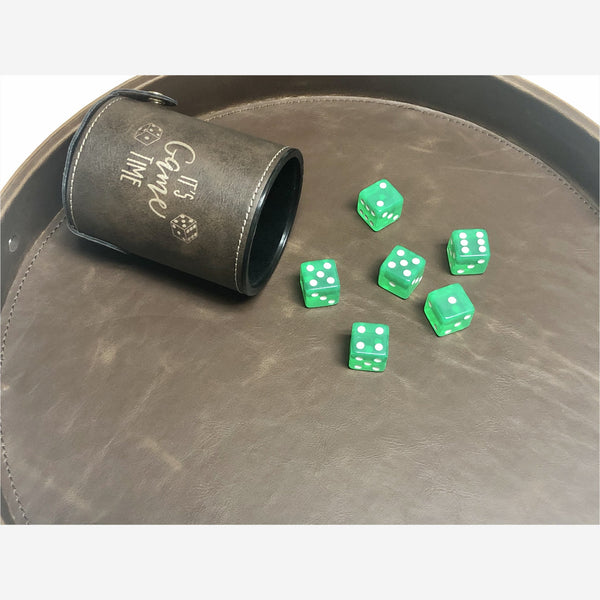 Dim Gray Large Round PU Leather Dice Tray and Dice Cup