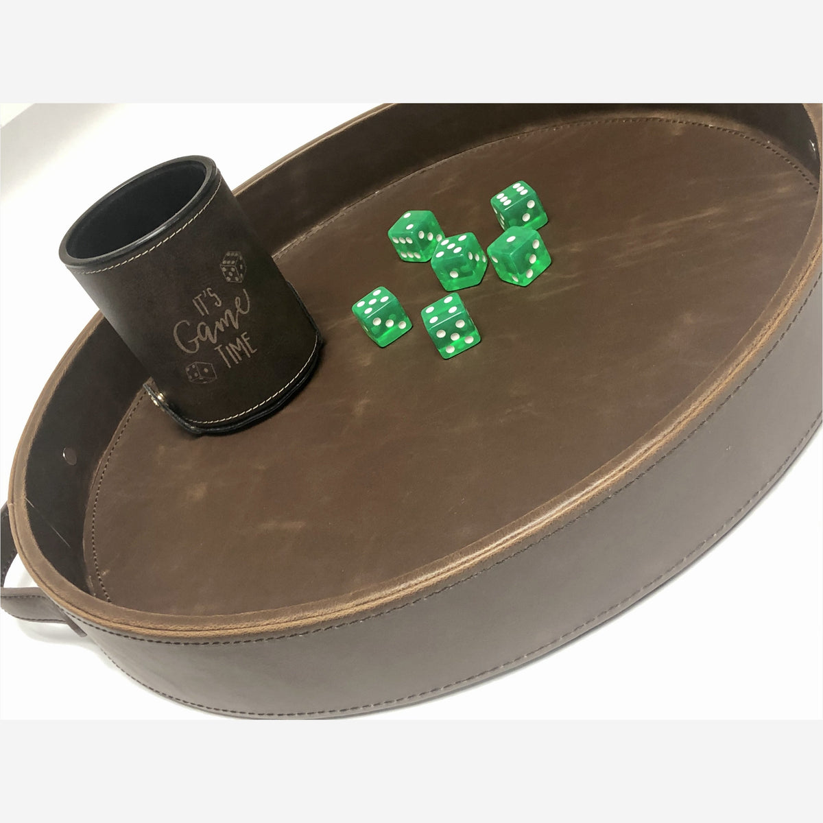 Dark Olive Green Large Round PU Leather Dice Tray and Dice Cup