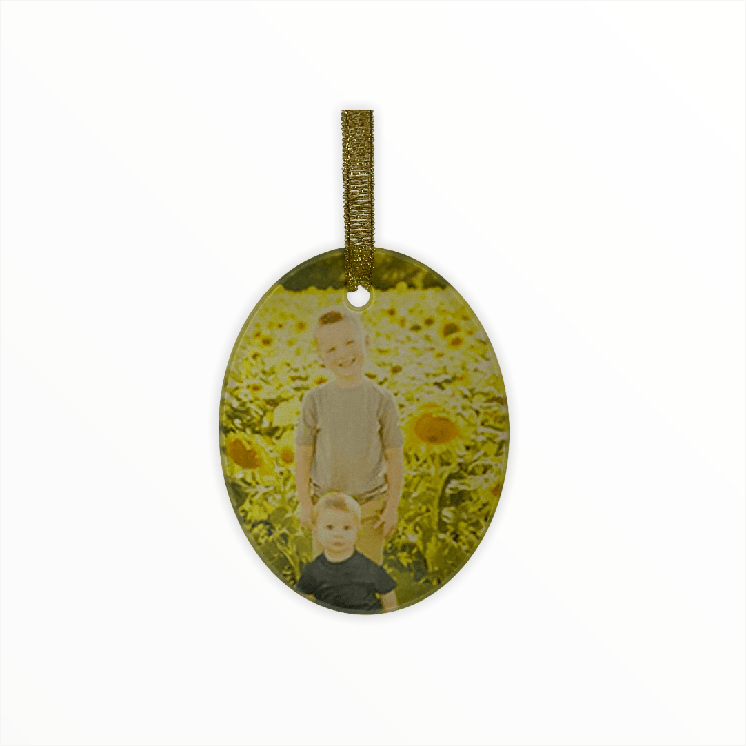vertical oval 3.5 inch ornament with personalized photo printed gold ribbon