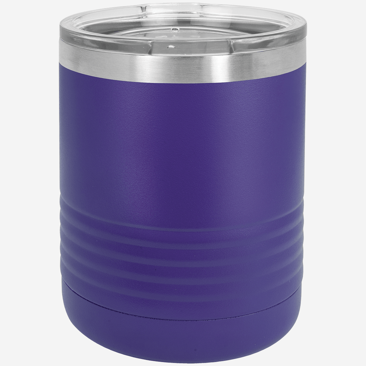 10 oz dark purple tumbler with lid grip rings on the bottom