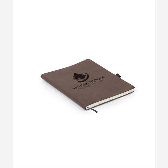 7"x9" Dark Gray Leatherette Journal with pen holder on opening side and black ribbon bookmark engraved with black logo